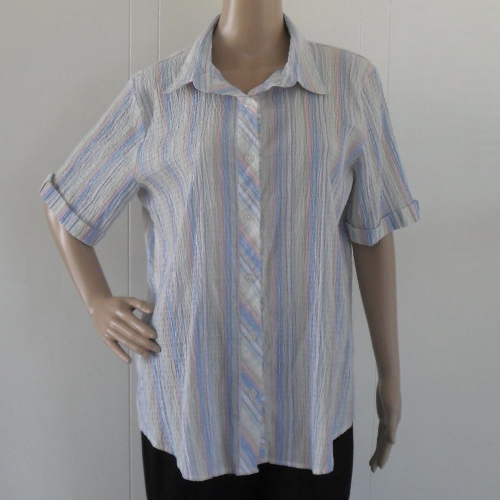 Bon Worth Multi Color Pastel Pinstrpe Button Down Short Sleeve Blouse - Picture 5 of 8